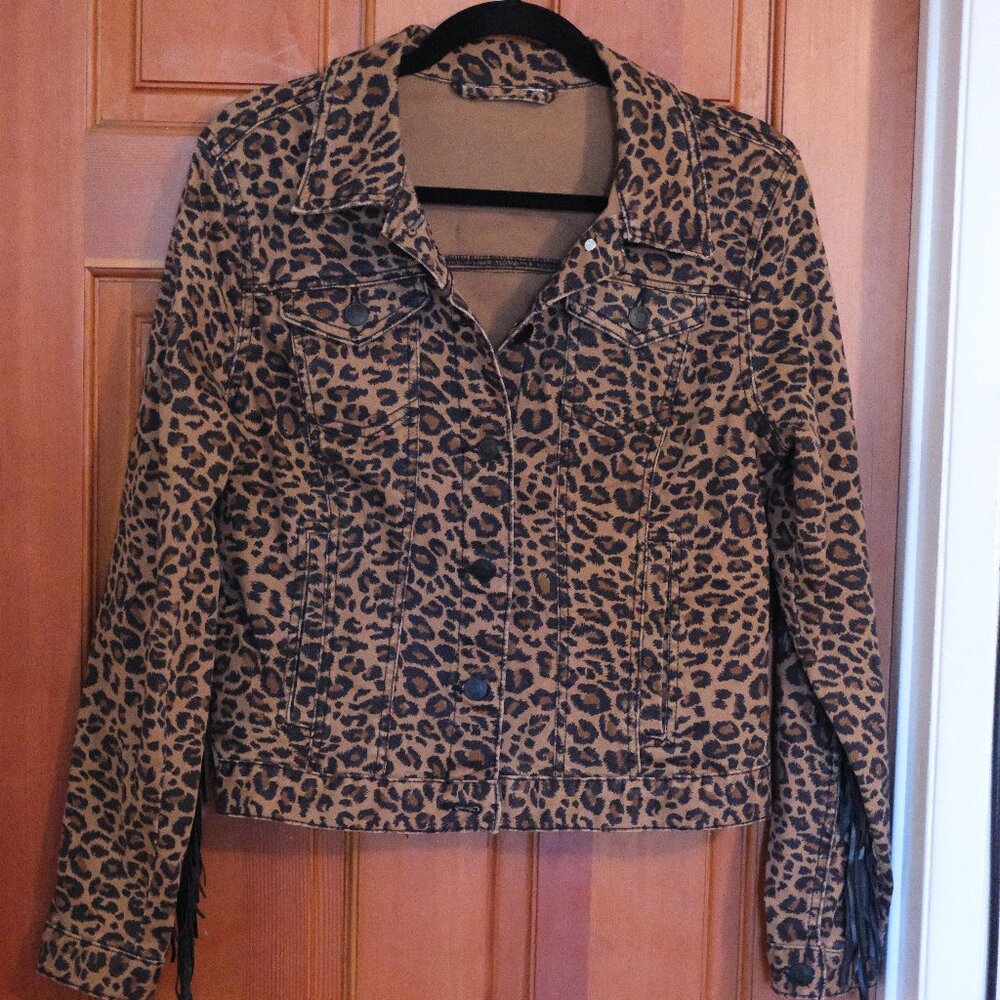 Vintage Womens Cheetah Print Denim Jacket with Leather Fringe